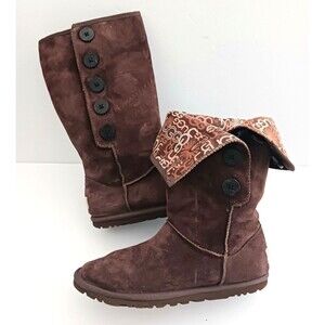 UGG Lo Pro Button Fold Over Brown Suede Logo Fabric Boot 3387 US 6